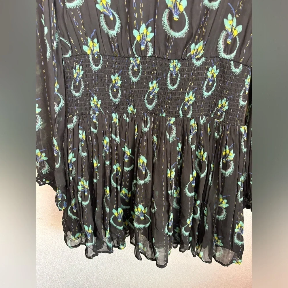 Free People Black Wild Horses Peacock Print Boho Long Sleeve Flounce Hem Dress M